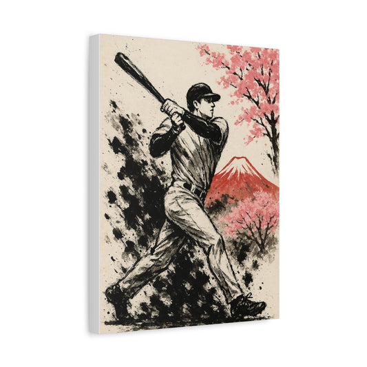 Baseball Batter Canvas Sumi Ink Art Fuji Sakura Japanese Print Power Swing Wall Decor Japan Inspired Sports Art Gift for Dad