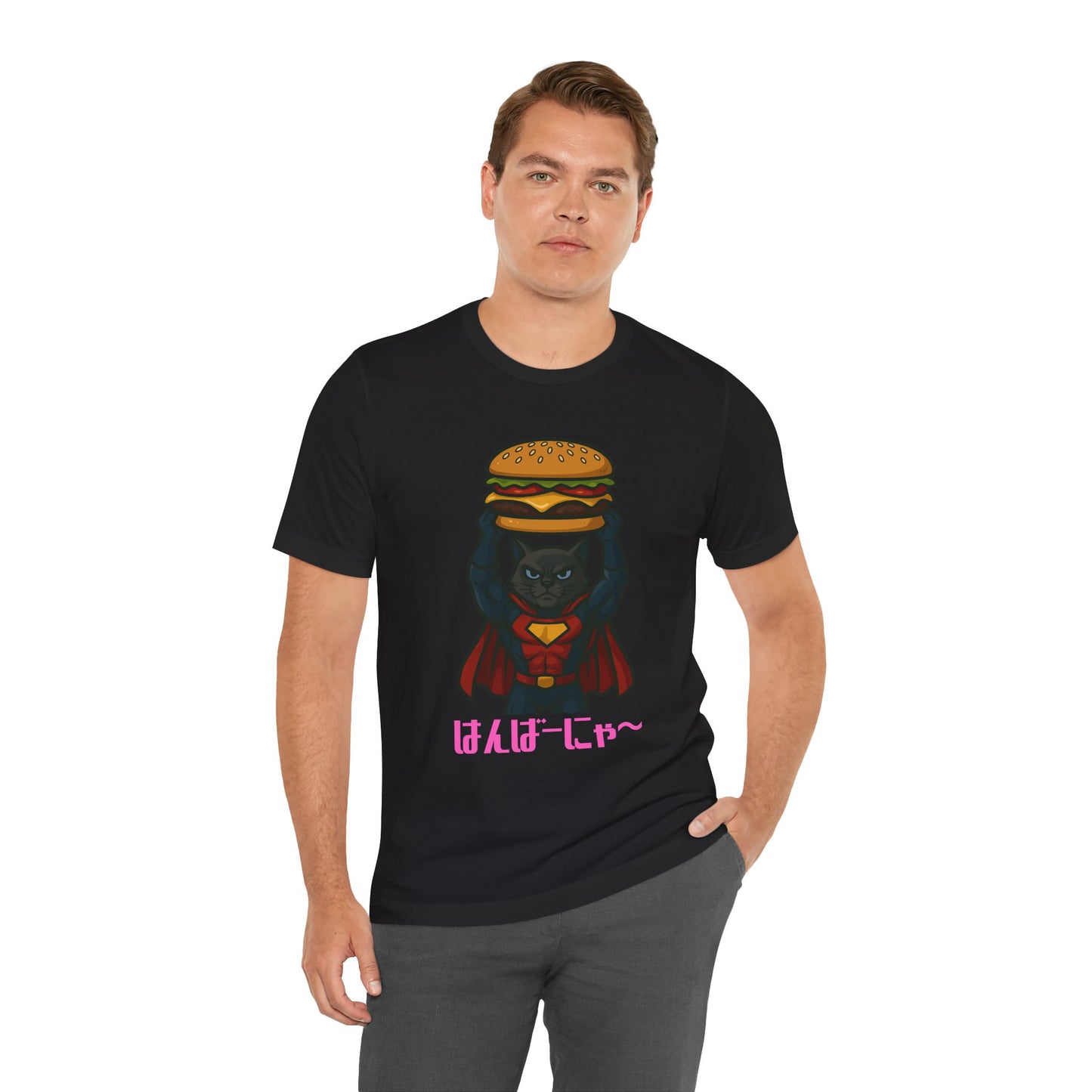 Superhero Cat Holding Cheeseburger T-Shirt - Funny Comic Style Tee for Burger Lovers - Unique Hero Cat Graphic Shirt - Unisex Gift