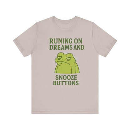 Running on Dreams and Snooze Buttons Shirt Sleepy Frog Tee Funny Night Owl Top Great Dad Gift Cozy Loungewear Aesthetic