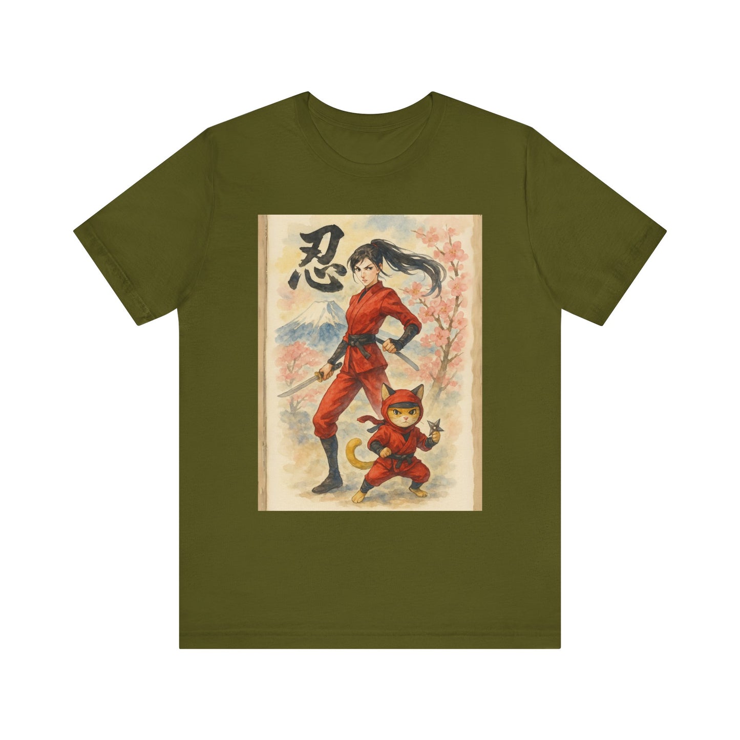Ninja and Cat Watercolor T-Shirt - Female Ninja in Red Outfit with Katana-Kanji Art, Mount Fuji, Cherry Blossoms - Cool Unise x Japanese Tee