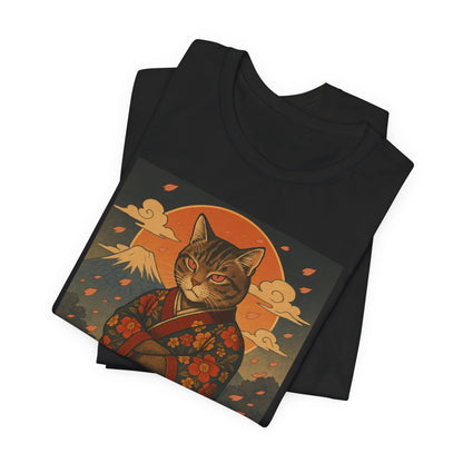 Samurai Cat T-Shirt - Floral Kimono Warrior with Katana | Japanese Ukiyo-e Style, Cherry Blossoms & Mount Fuji | Bold Cat Art Tee