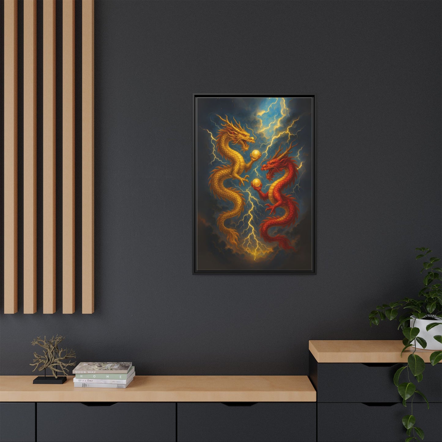 Golden and Red Twin Dragons Canvas Feng Shui Wall Art Lightning Storm Dragon Pearl Good Luck Decor Gift for Dad Living Room