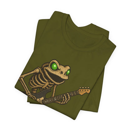 Skeleton Frog Shredding Electric Guitar Tee - Glowing Green Eyes Rock Art Shirt for Musicians Frog Lovers and Gothic Punk Style