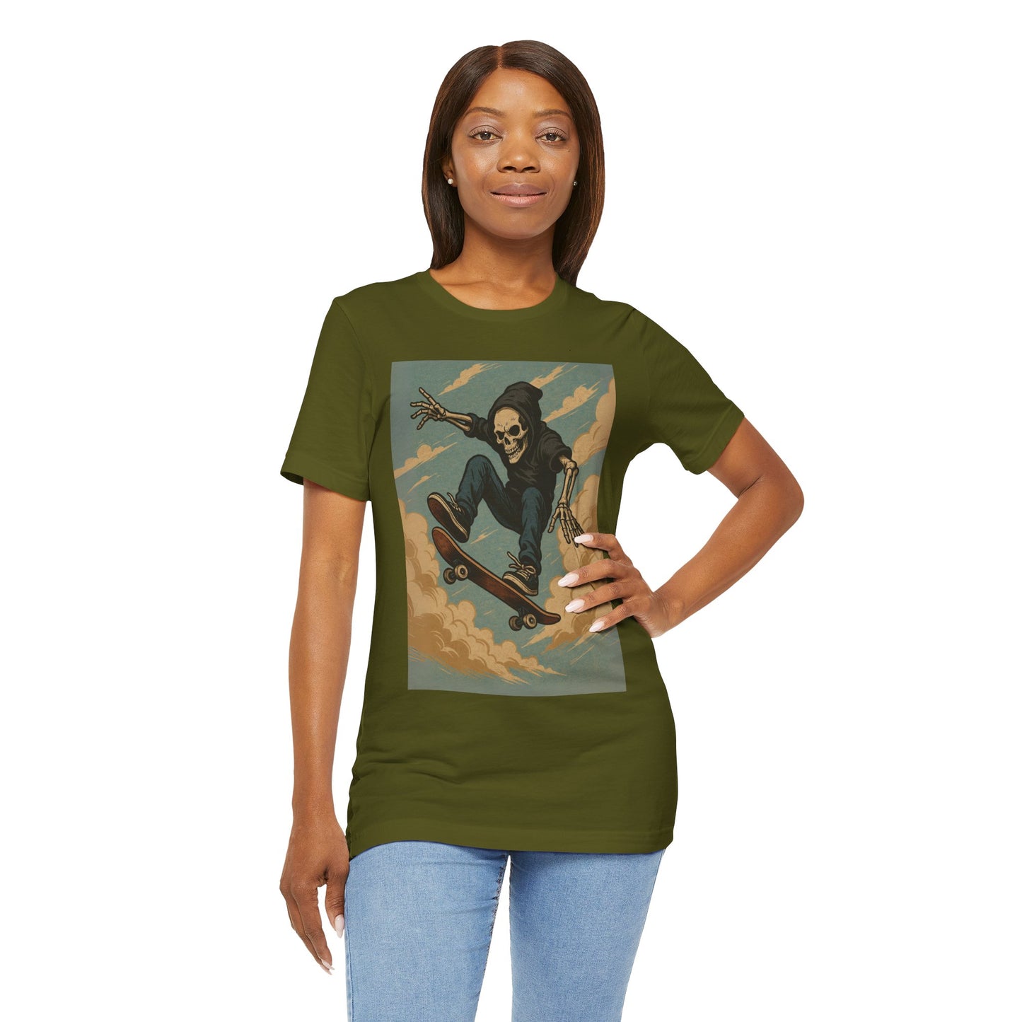 Skater Skeleton Hoodie Graphic Tee - Bold Comic Art Shirt for Men and Women - Colorful Streetwear T-Shirt for Skull and Skate Lovers