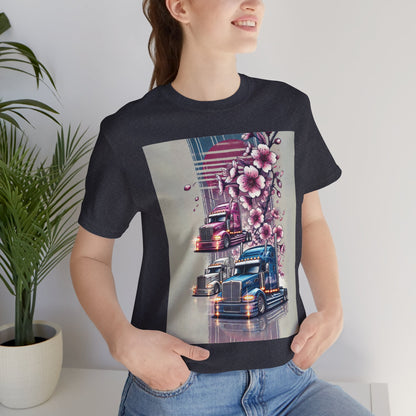 Cherry Blossom Convoy T-Shirt | Japanese Sakura x Modern Truck Art | Unique Graphic Tee for Drivers & Streetwear Lovers No.004