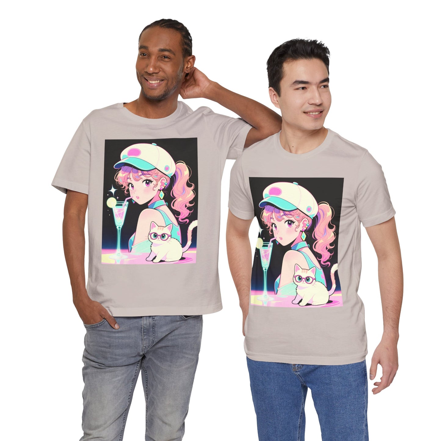 Retro Girl and Cat T Shirt Vaporwave Pastel Anime Shoujo Graphic Tee Neon Cocktail Aesthetic Kawaii Gift for Daughter or Dad Casual Streetwear