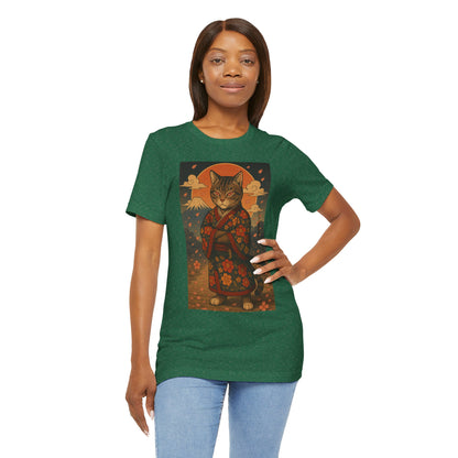 Samurai Cat T-Shirt - Floral Kimono Warrior with Katana | Japanese Ukiyo-e Style, Cherry Blossoms & Mount Fuji | Bold Cat Art Tee