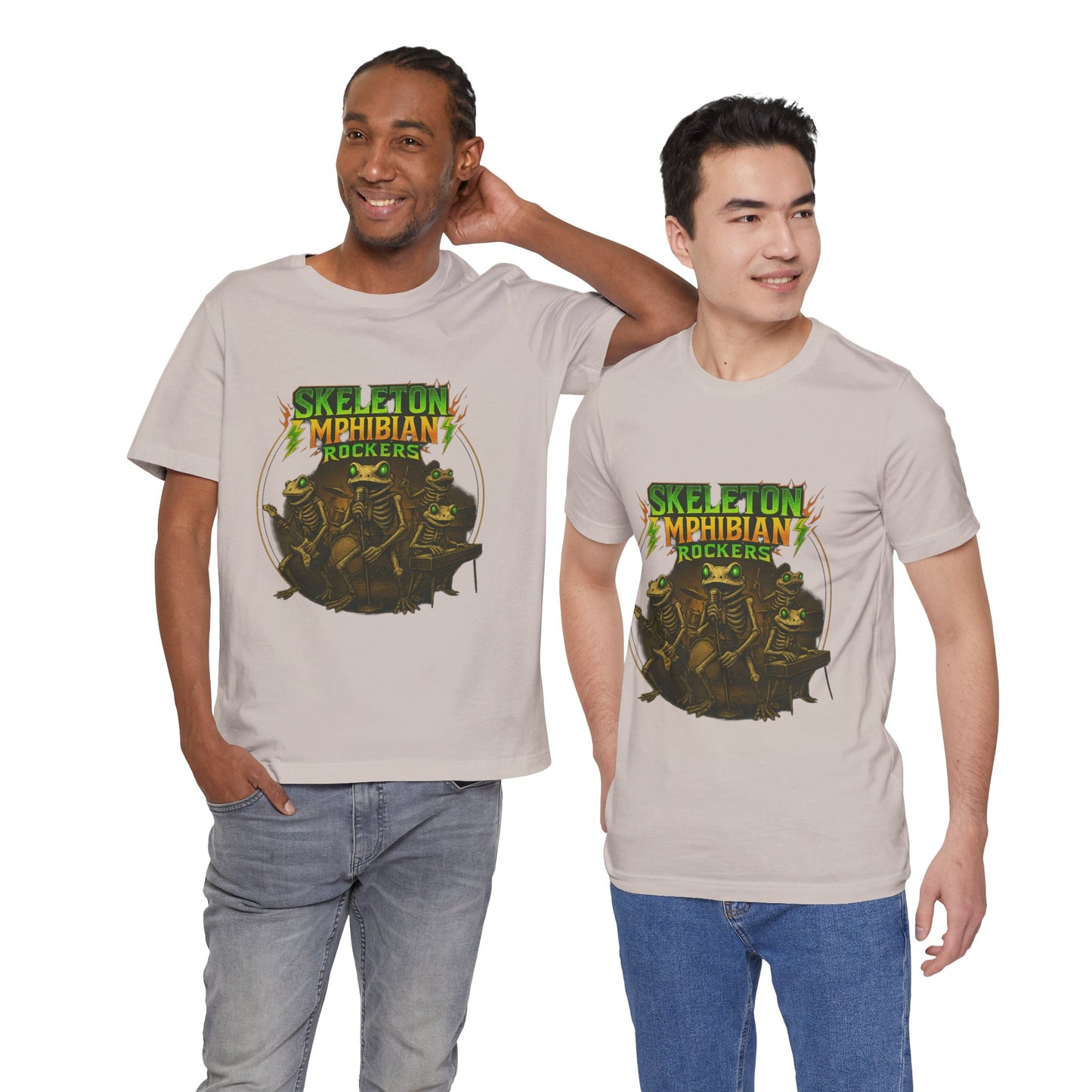 Skeleton Amphibian Rockers Album Cover Tee - Green Eyed Skeleton Frog Band Vocal Guitar Piano Drums Rock Art Shirt