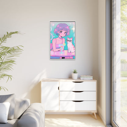 Anime Girl and Cat Canvas Pastel Neon Retro Shoujo Wall Art Kawaii Cocktail Aesthetic Gift for Daughter or Dad