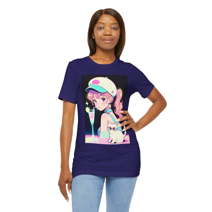 Retro Girl and Cat T Shirt Vaporwave Pastel Anime Shoujo Graphic Tee Neon Cocktail Aesthetic Kawaii Gift for Daughter or Dad Casual Streetwear