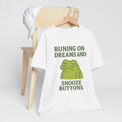 Running on Dreams and Snooze Buttons Shirt Sleepy Frog Tee Funny Night Owl Top Great Dad Gift Cozy Loungewear Aesthetic