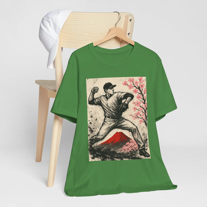 Pro Baseball Pitcher Sumi Ink Art Shirt Fuji Sakura Retro Japanese Print Windup Fastball Tee Japan Inspired Sports Art Gift for Dad