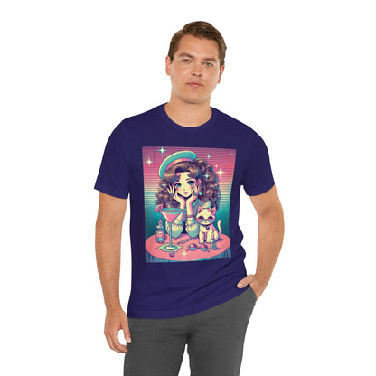 Retro Girl and Cat Graphic Tee Vaporwave Pastel Aesthetic Cocktail Lounge 80s Inspired Shoujo Style T Shirt Gift for Daughter or Dad
