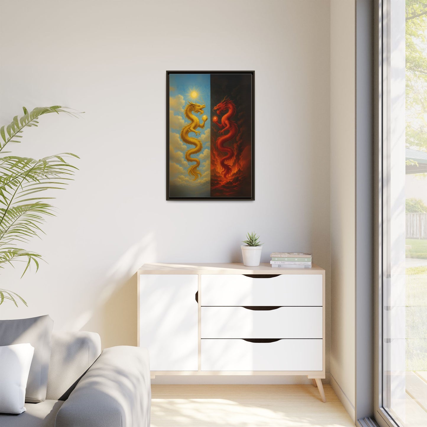 Heaven and Hell Twin Dragons Canvas Feng Shui Wall Art Gold and Red Dragon Pearls Sun and Fire Yin Yang Good Luck Decor Gift for Dad