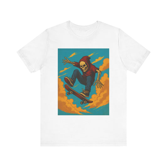 Skater Skeleton Hoodie Graphic Tee - Bold Comic Art Shirt for Men and Women - Colorful Streetwear T-Shirt for Skull and Skate Lovers
