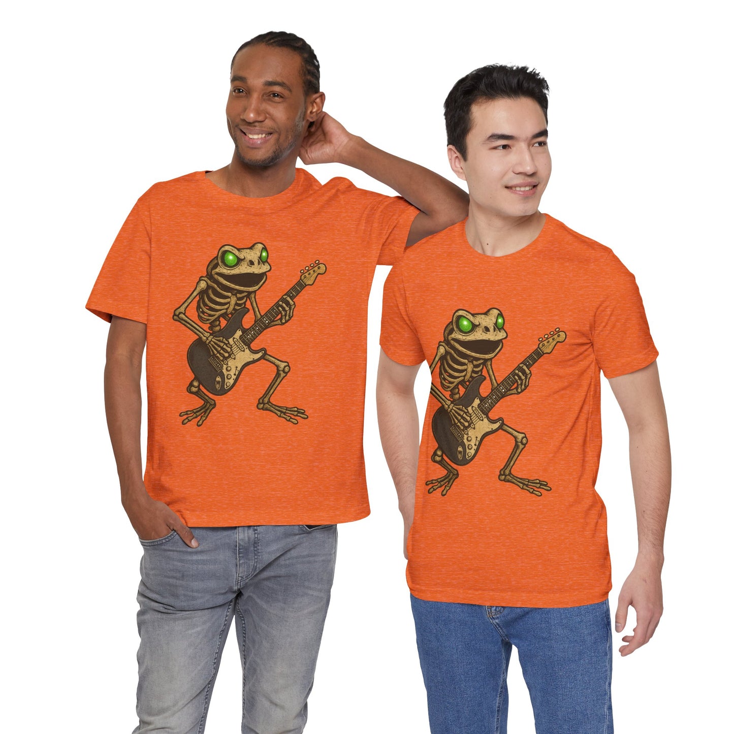 Skeleton Frog Shredding Electric Guitar Tee - Glowing Green Eyes Rock Art Shirt for Musicians Frog Lovers and Gothic Punk Style