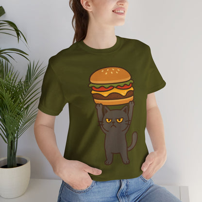 "Hanba-nyaa~" Cute Japanese Cat T-Shirt – Funny Burger & Cat Design – Kawaii Style Unisex Tee – Gift for Food & Cat Lovers