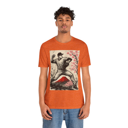 Pro Baseball Pitcher Sumi Ink Art Shirt Fuji Sakura Retro Japanese Print Windup Fastball Tee Japan Inspired Sports Art Gift for Dad