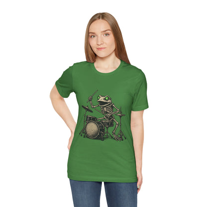 Skeleton Frog Drummer Shirt with Glowing Green Eyes Rock Band Art Tee for Musicians Frog Lovers Halloween and Concert Wear