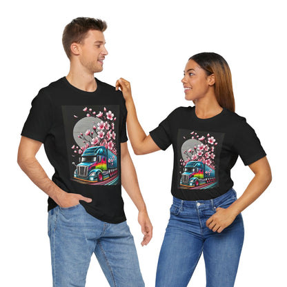 Cherry Blossom Convoy T-Shirt | Japanese Sakura x Modern Truck Art | Unique Graphic Tee for Drivers & Streetwear Lovers No.003