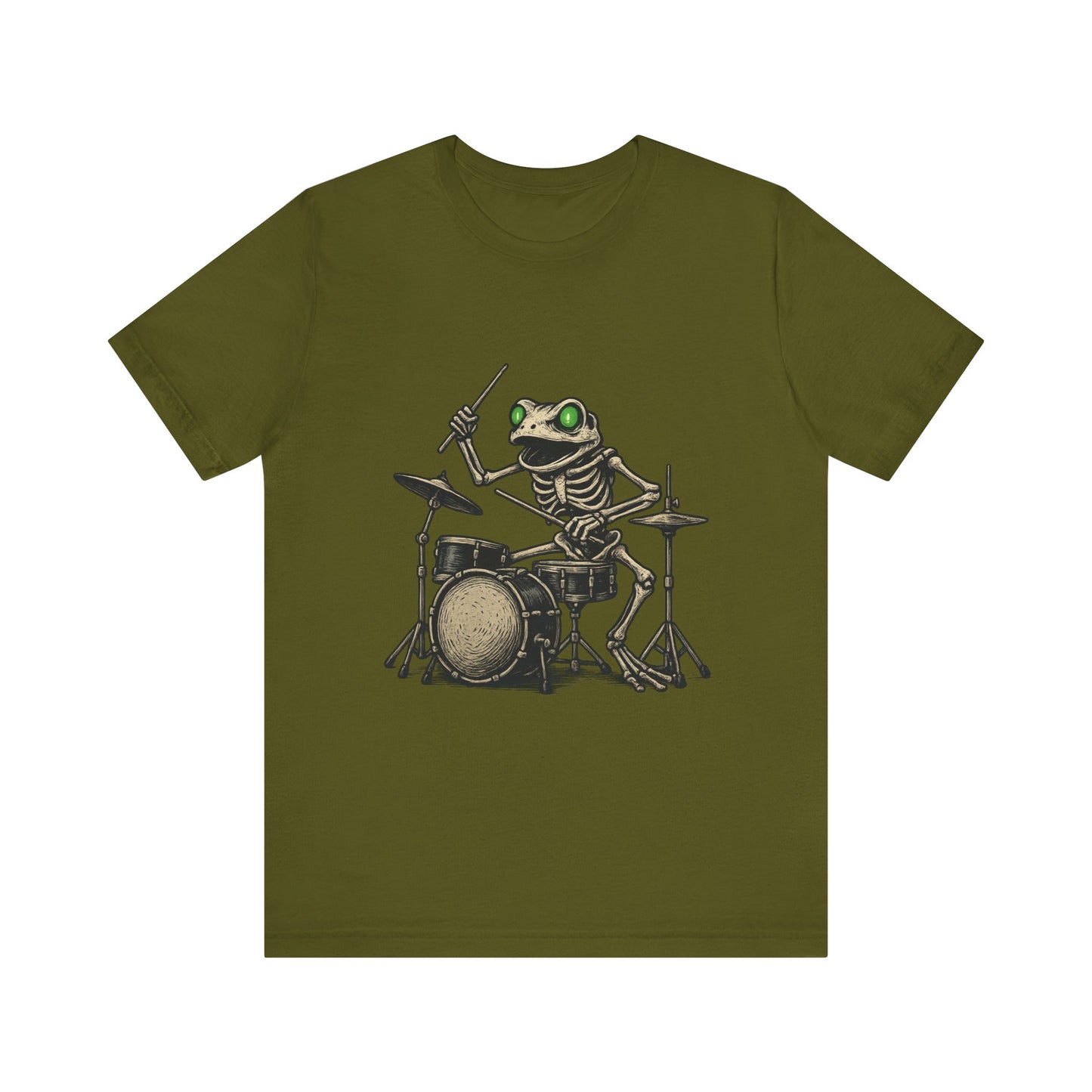 Skeleton Frog Drummer Shirt with Glowing Green Eyes Rock Band Art Tee for Musicians Frog Lovers Halloween and Concert Wear