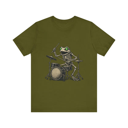 Skeleton Frog Drummer Shirt with Glowing Green Eyes Rock Band Art Tee for Musicians Frog Lovers Halloween and Concert Wear