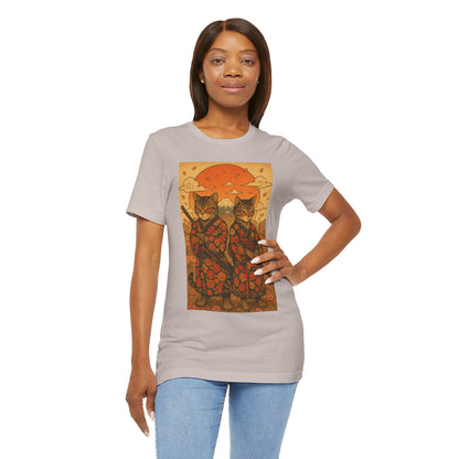 Samurai Cat T-Shirt - Floral Kimono Warrior with Katana | Japanese Ukiyo-e Style, Cherry Blossoms & Mount Fuji | Bold Cat Art Tee