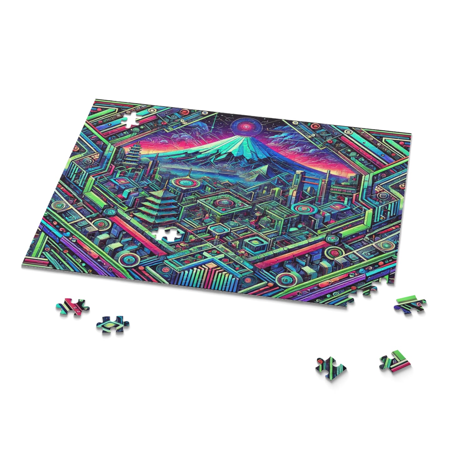 Neon x Geometric x Mt. Fuji! A super tricky puzzle with a cool sci-fi vibe-perfect brain workout for adults! 1000+ pieces of fun!
