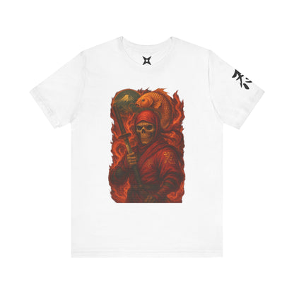 Dark Red Ninja Skull T-Shirt -Japanese Horror Art, Skeleton Ninja with Golden Koi, High-Detail Gothic Warrior Tee, Unisex Streetwear