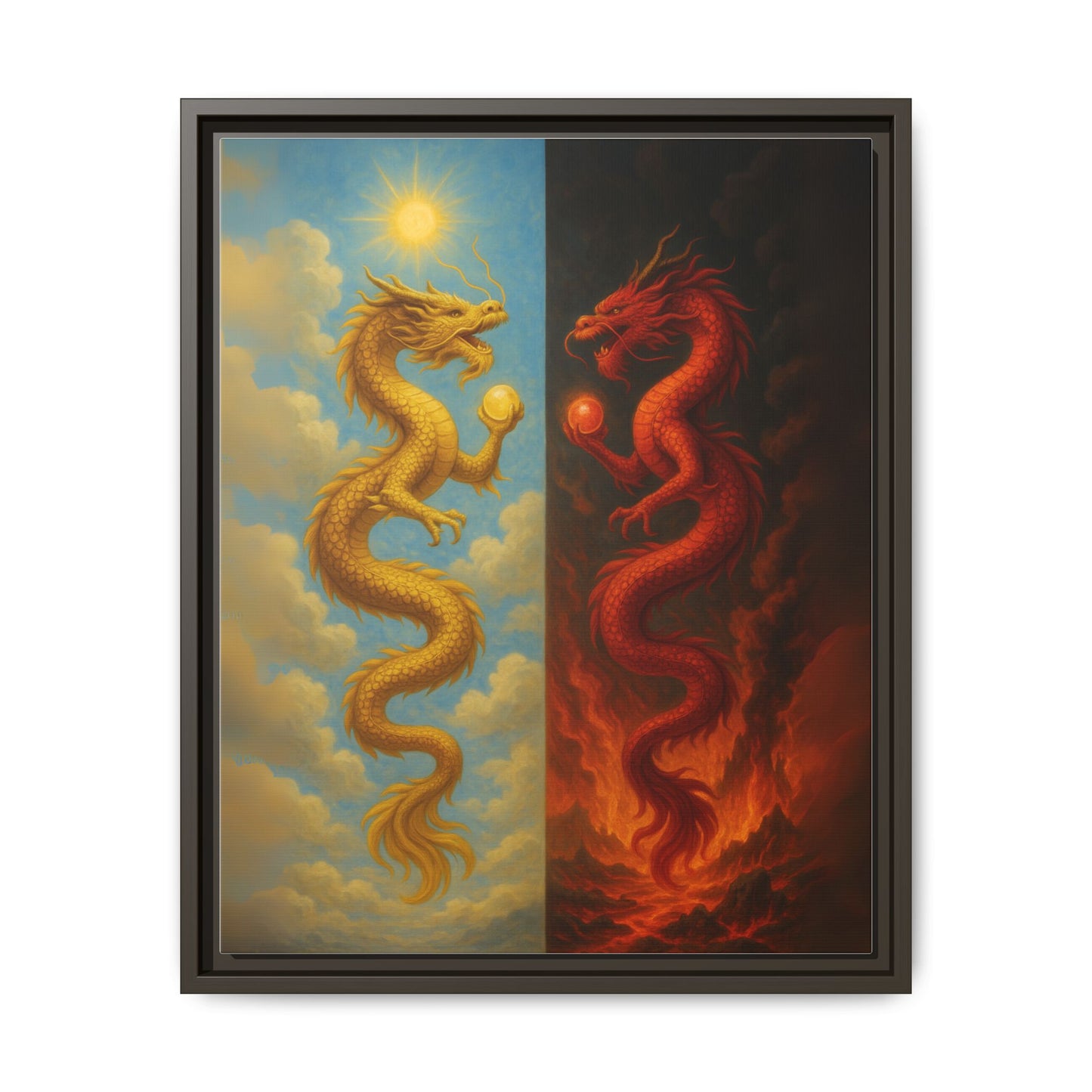 Heaven and Hell Twin Dragons Canvas Feng Shui Wall Art Gold and Red Dragon Pearls Sun and Fire Yin Yang Good Luck Decor Gift for Dad