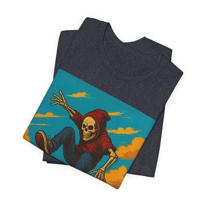 Skater Skeleton Hoodie Graphic Tee - Bold Comic Art Shirt for Men and Women - Colorful Streetwear T-Shirt for Skull and Skate Lovers