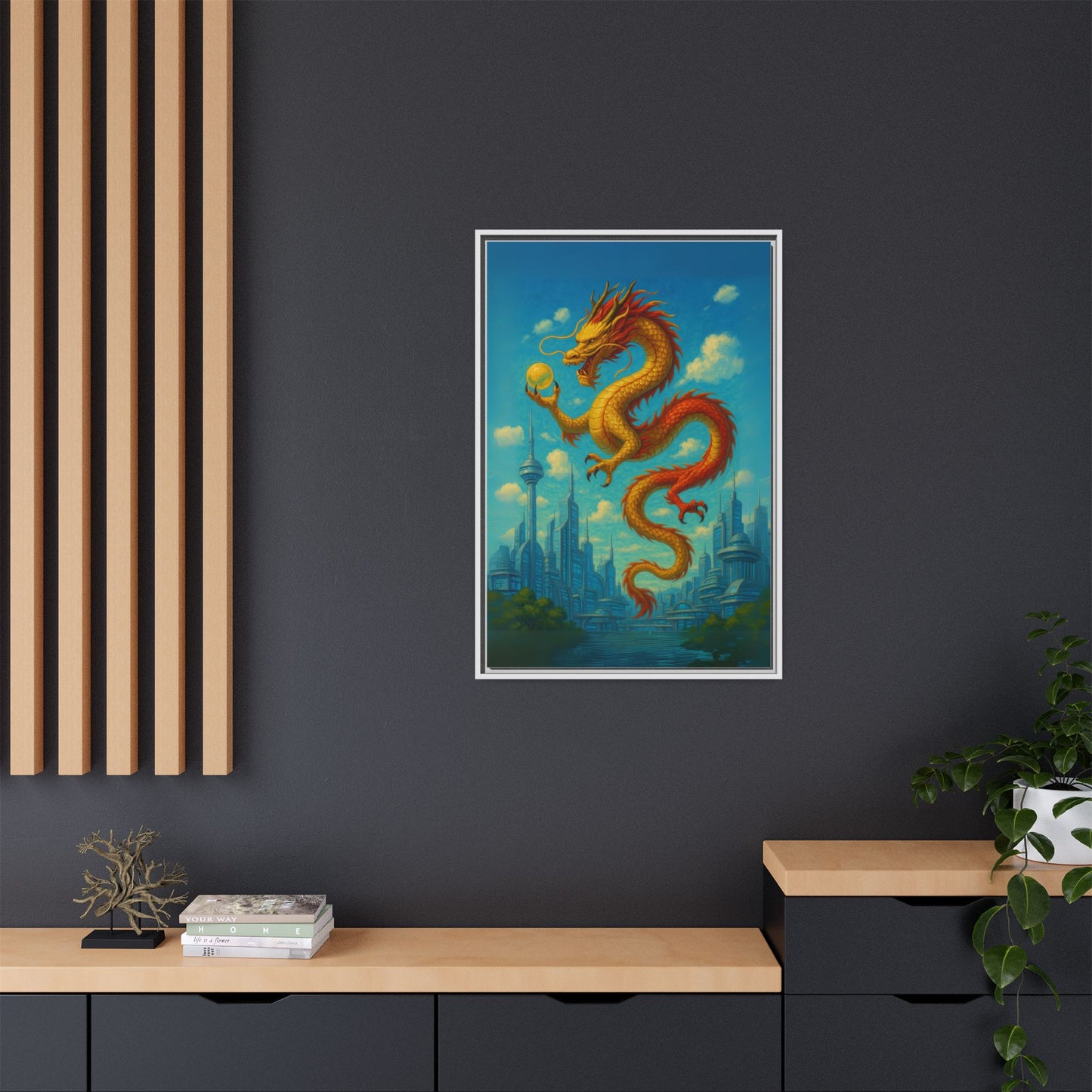 Neo Tokyo Golden Dragon Canvas Japan Inspired Futuristic Skyline Painting Feng Shui Good Luck Decor Dragon Pearl Gift for Dad