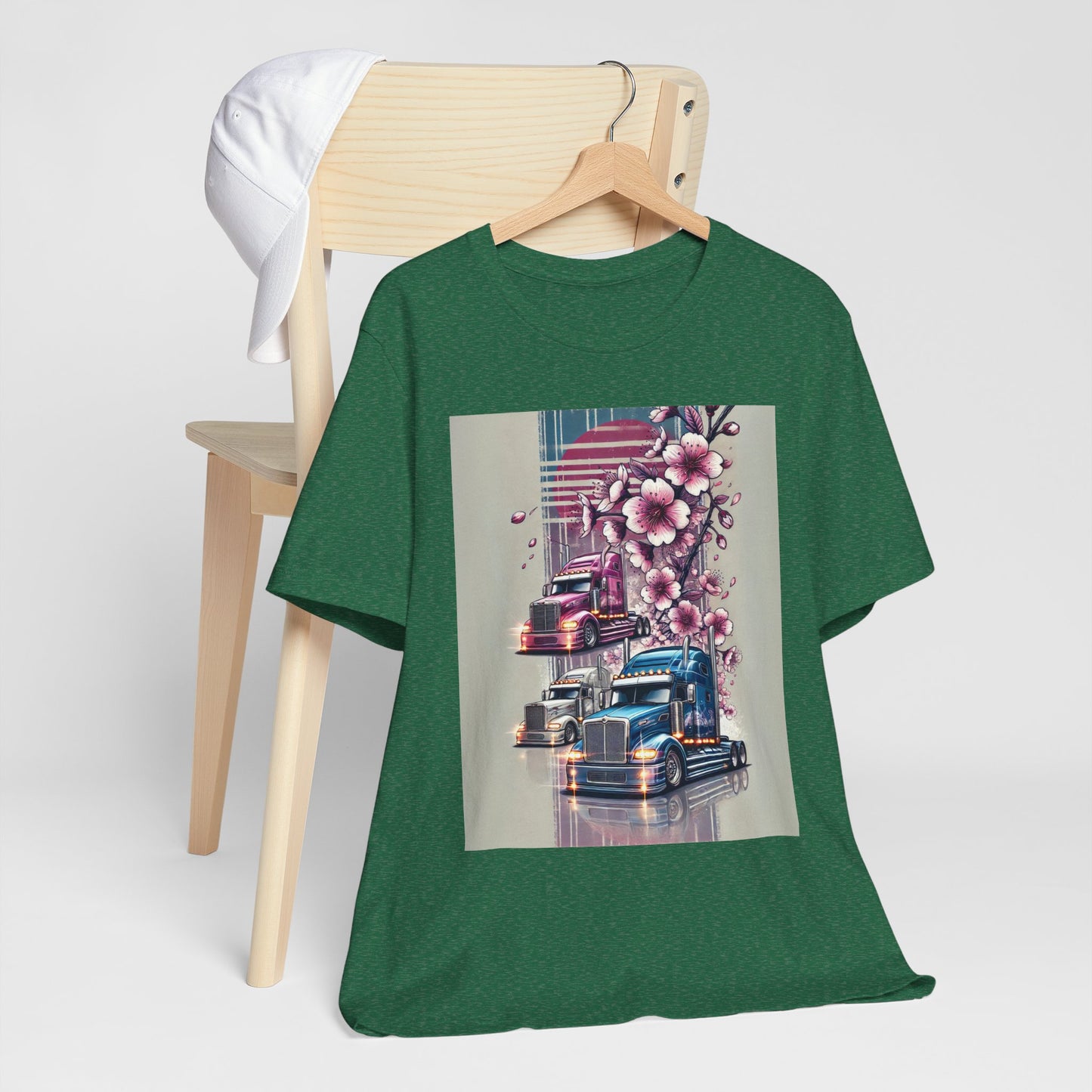 Cherry Blossom Convoy T-Shirt | Japanese Sakura x Modern Truck Art | Unique Graphic Tee for Drivers & Streetwear Lovers No.004