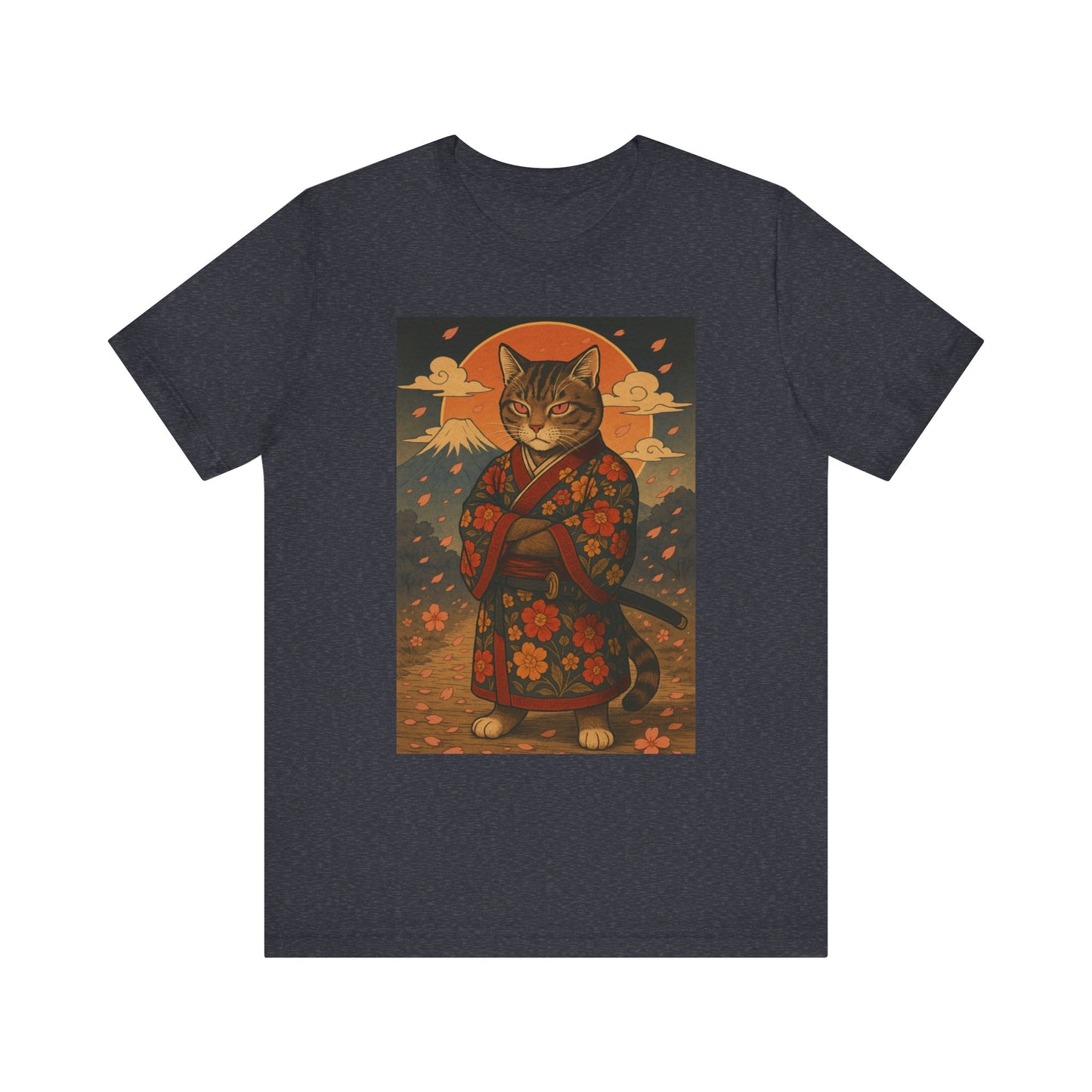 Samurai Cat T-Shirt - Floral Kimono Warrior with Katana | Japanese Ukiyo-e Style, Cherry Blossoms & Mount Fuji | Bold Cat Art Tee
