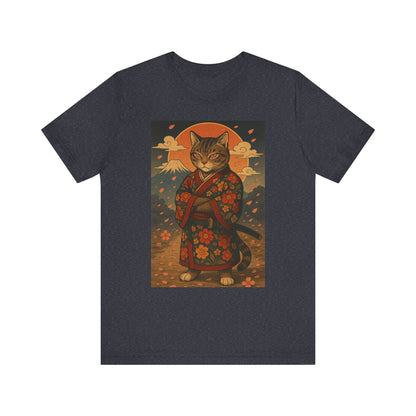 Samurai Cat T-Shirt - Floral Kimono Warrior with Katana | Japanese Ukiyo-e Style, Cherry Blossoms & Mount Fuji | Bold Cat Art Tee