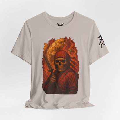 i, High-Detail Gothic Warrior TeDark Red Ninja Skull T-Shirt-Japanese Horror Art, Skeleton Ninja with Golden Koe, Unisex Streetwear