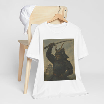 Cat Samurai Strike Tee | Epic Armored Feline Raising Katana | Japanese Warrior Art Unisex Shirt