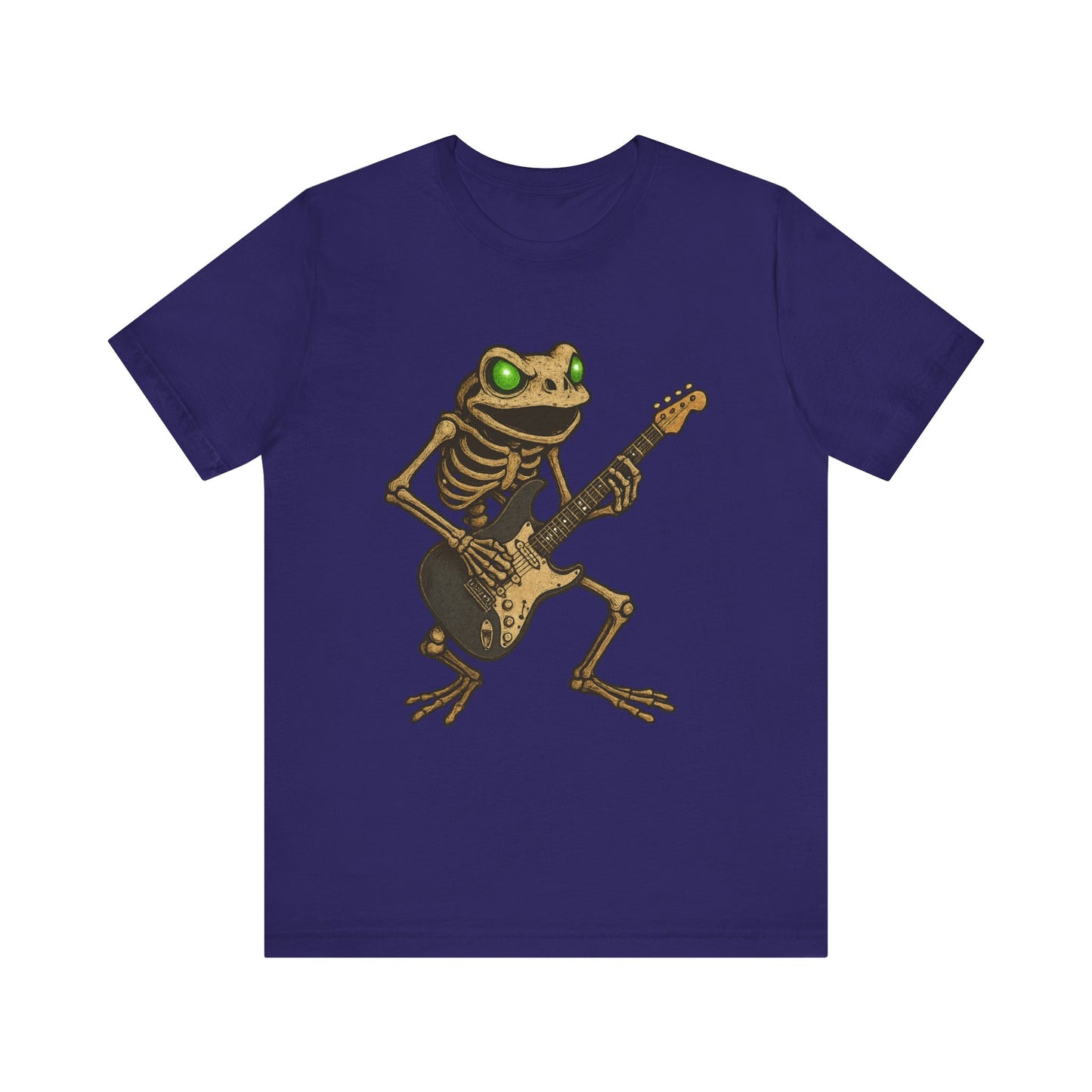 Skeleton Frog Shredding Electric Guitar Tee - Glowing Green Eyes Rock Art Shirt for Musicians Frog Lovers and Gothic Punk Style