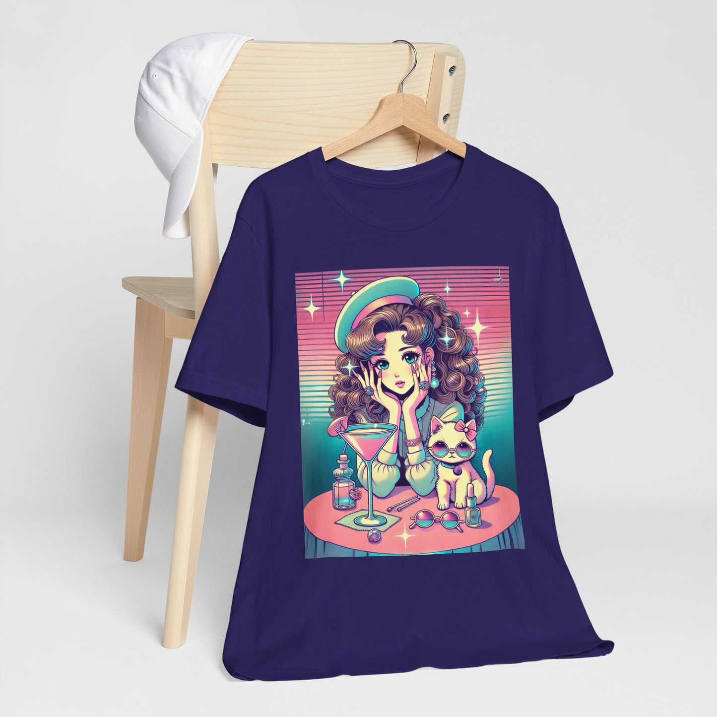Retro Girl and Cat Graphic Tee Vaporwave Pastel Aesthetic Cocktail Lounge 80s Inspired Shoujo Style T Shirt Gift for Daughter or Dad