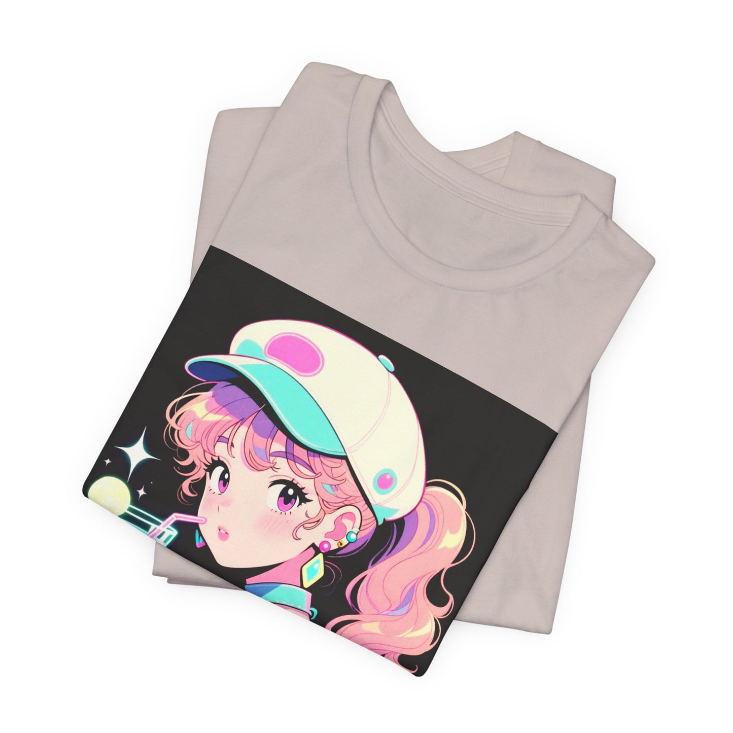 Retro Girl and Cat T Shirt Vaporwave Pastel Anime Shoujo Graphic Tee Neon Cocktail Aesthetic Kawaii Gift for Daughter or Dad Casual Streetwear