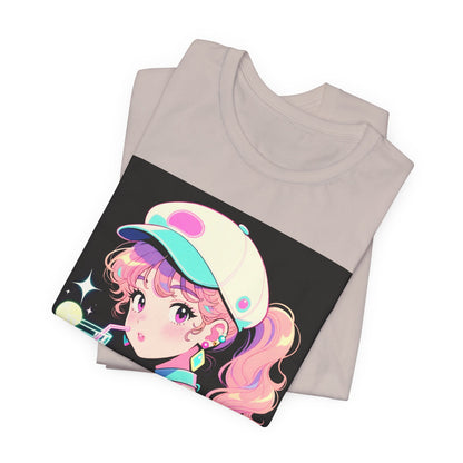 Retro Girl and Cat T Shirt Vaporwave Pastel Anime Shoujo Graphic Tee Neon Cocktail Aesthetic Kawaii Gift for Daughter or Dad Casual Streetwear