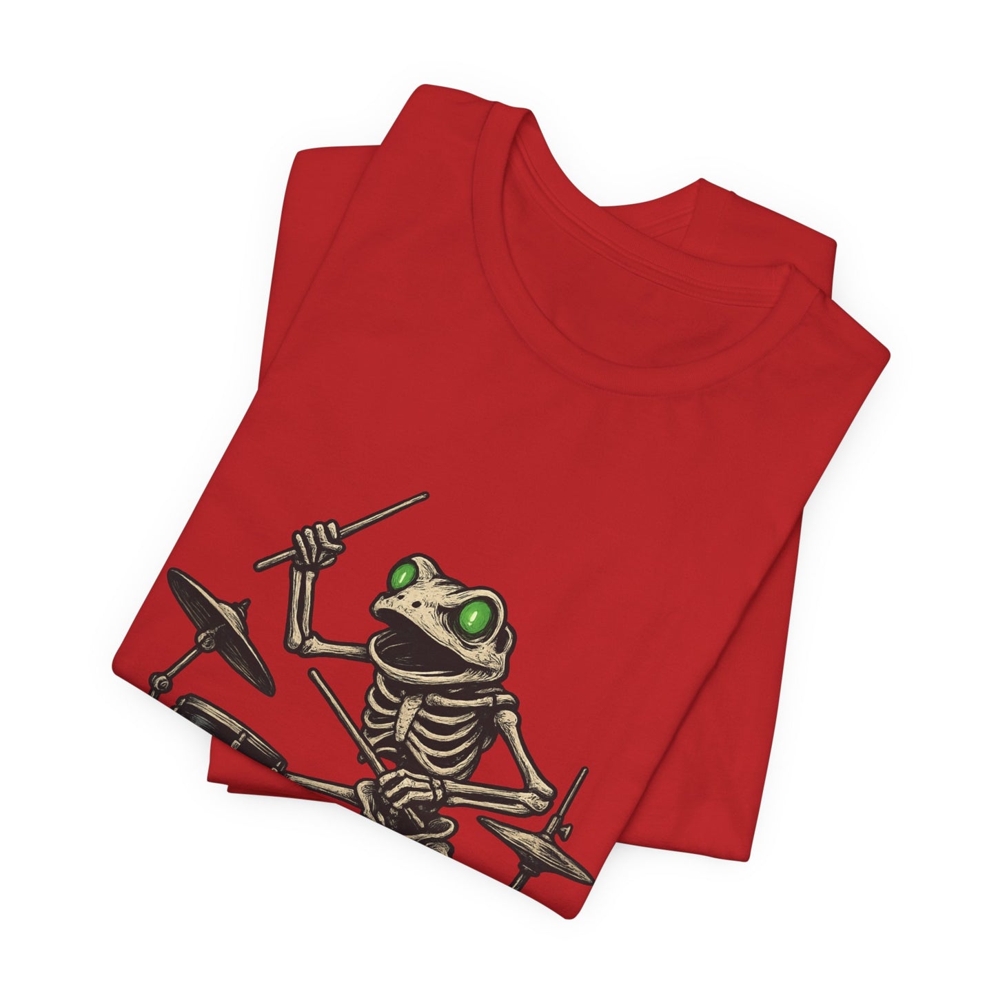 Skeleton Frog Drummer Shirt with Glowing Green Eyes Rock Band Art Tee for Musicians Frog Lovers Halloween and Concert Wear