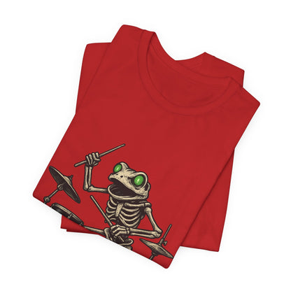 Skeleton Frog Drummer Shirt with Glowing Green Eyes Rock Band Art Tee for Musicians Frog Lovers Halloween and Concert Wear