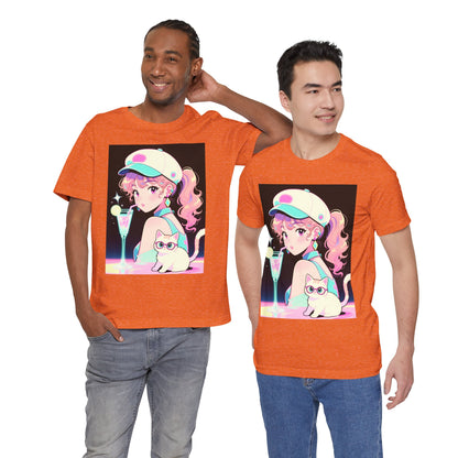 Retro Girl and Cat T Shirt Vaporwave Pastel Anime Shoujo Graphic Tee Neon Cocktail Aesthetic Kawaii Gift for Daughter or Dad Casual Streetwear