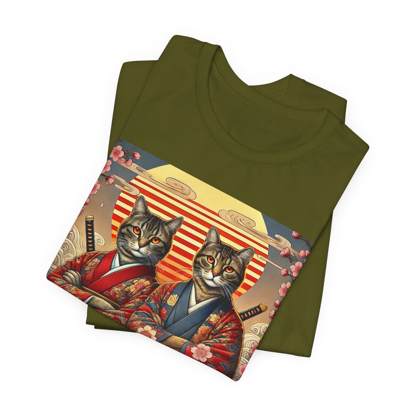 Samurai Cat T-Shirt - Floral Kimono Warrior with Katana | Japanese Ukiyo-e Style, Cherry Blossoms & Mount Fuji | Bold Cat Art Tee