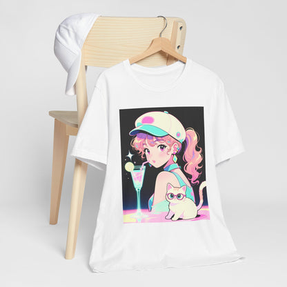 Retro Girl and Cat T Shirt Vaporwave Pastel Anime Shoujo Graphic Tee Neon Cocktail Aesthetic Kawaii Gift for Daughter or Dad Casual Streetwear