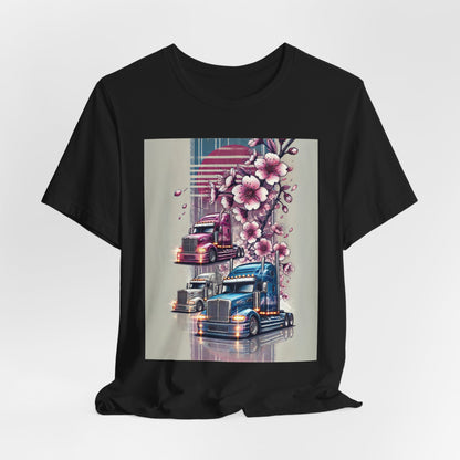 Cherry Blossom Convoy T-Shirt | Japanese Sakura x Modern Truck Art | Unique Graphic Tee for Drivers & Streetwear Lovers No.004