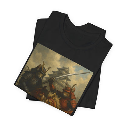 Epic Cat Samurai Battle Tee - War Horses Clash in Front of Japanese Castle  Feline Warrior Art Shirt for Fantasy & Japan Lovers