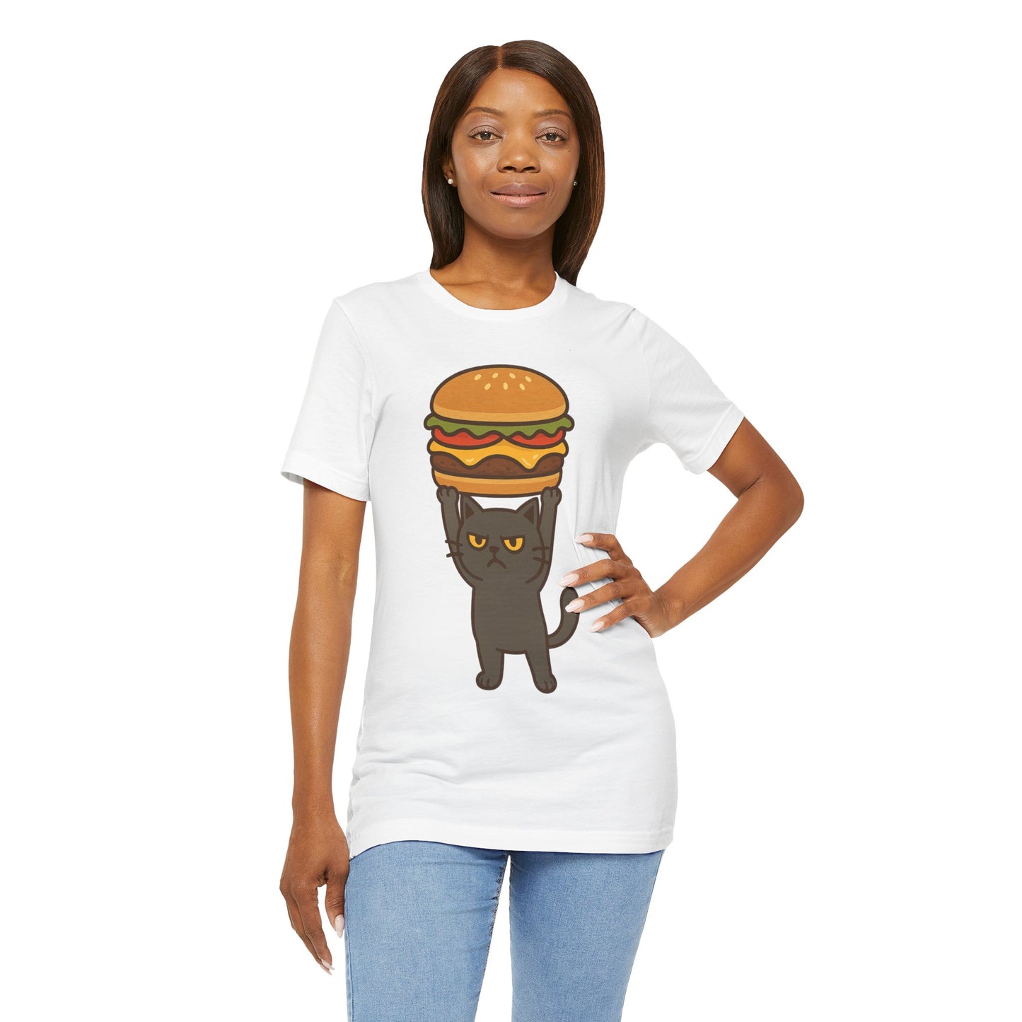 "Hanba-nyaa~" Cute Japanese Cat T-Shirt – Funny Burger & Cat Design – Kawaii Style Unisex Tee – Gift for Food & Cat Lovers