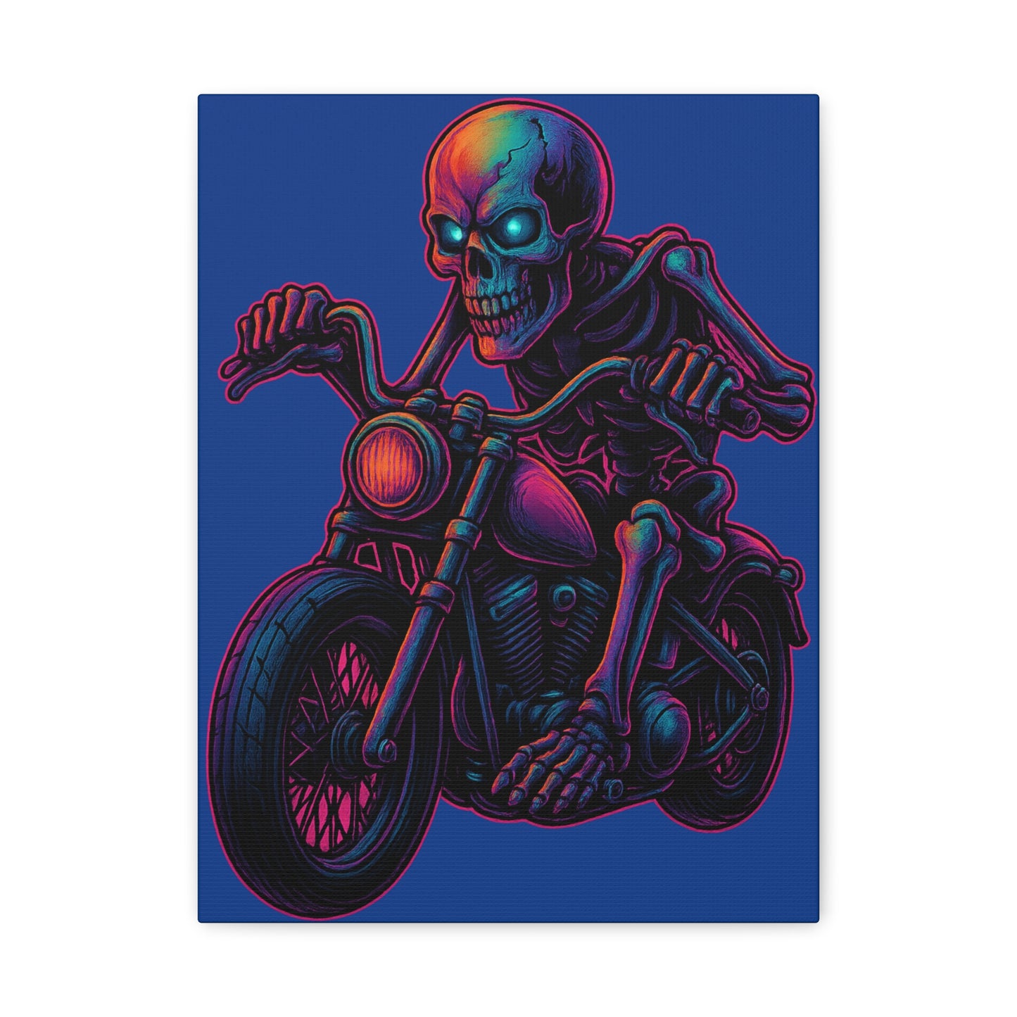 Skull Biker Canvas Neon Chopper Rider Motorcycle Wall Art Skeleton Cruiser Poster Style Garage Man Cave Decor Gift for Dad